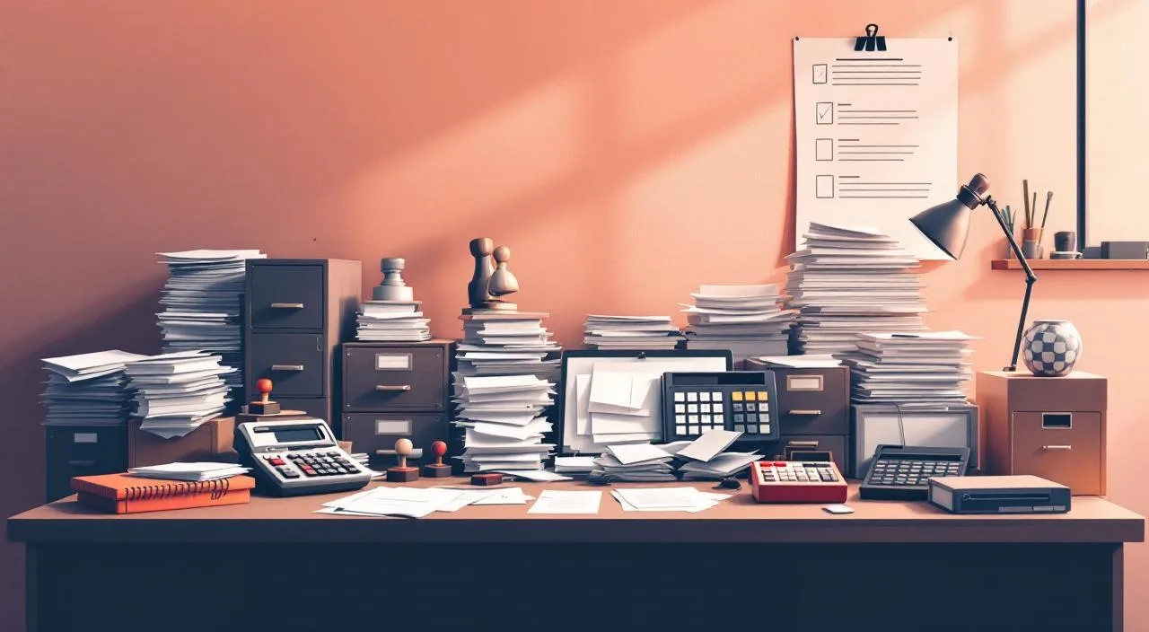 Stufe 1: Typischer Schreibtisch mit Papierbelegen und Excel